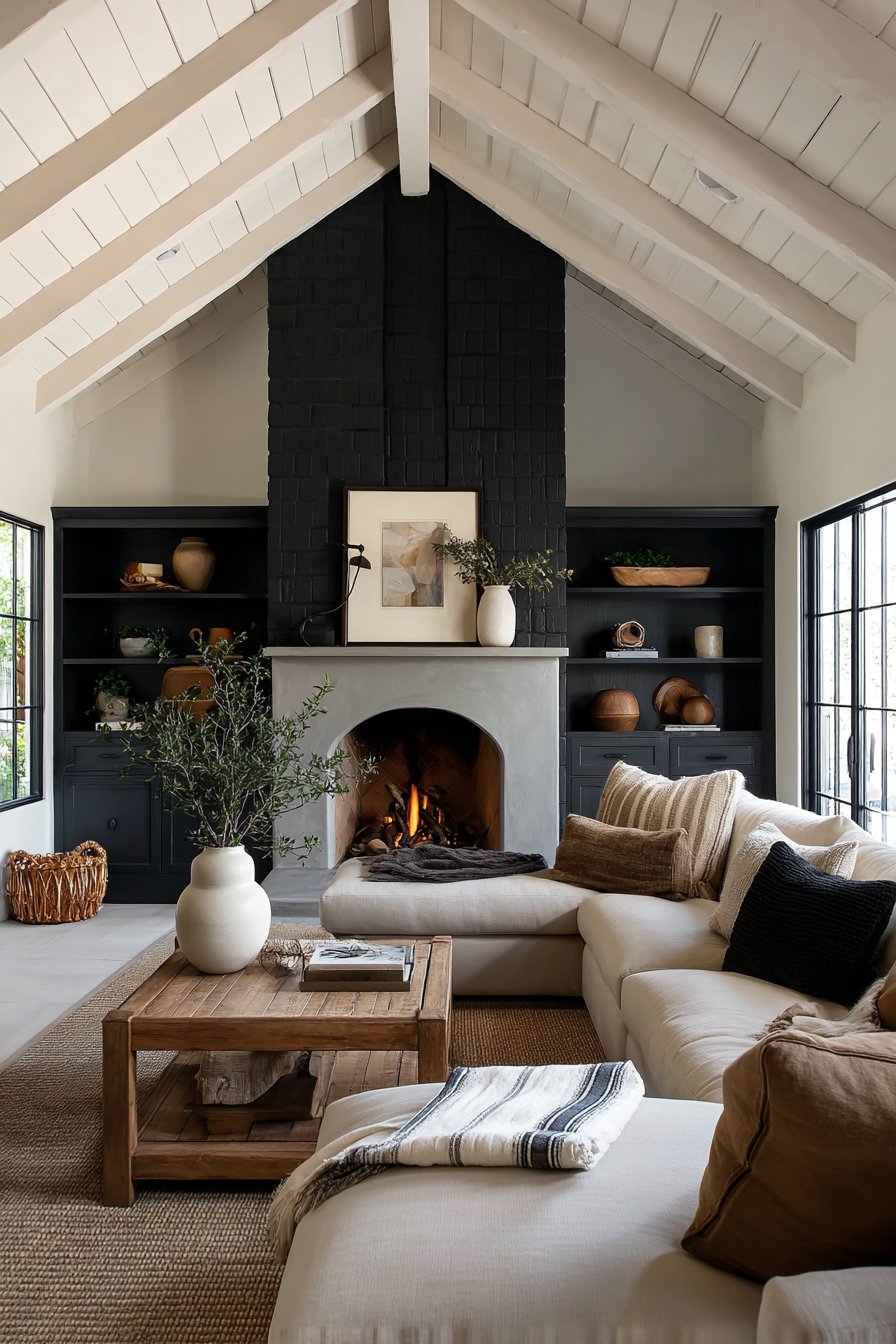 Black Brick Fireplace with Built-In Shelving