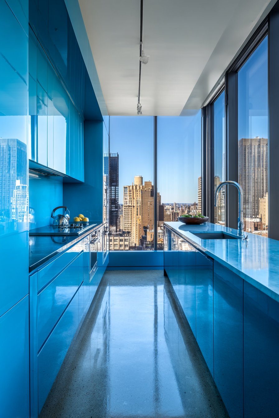 Sleek Cerulean Blue Contemporary Kitchen