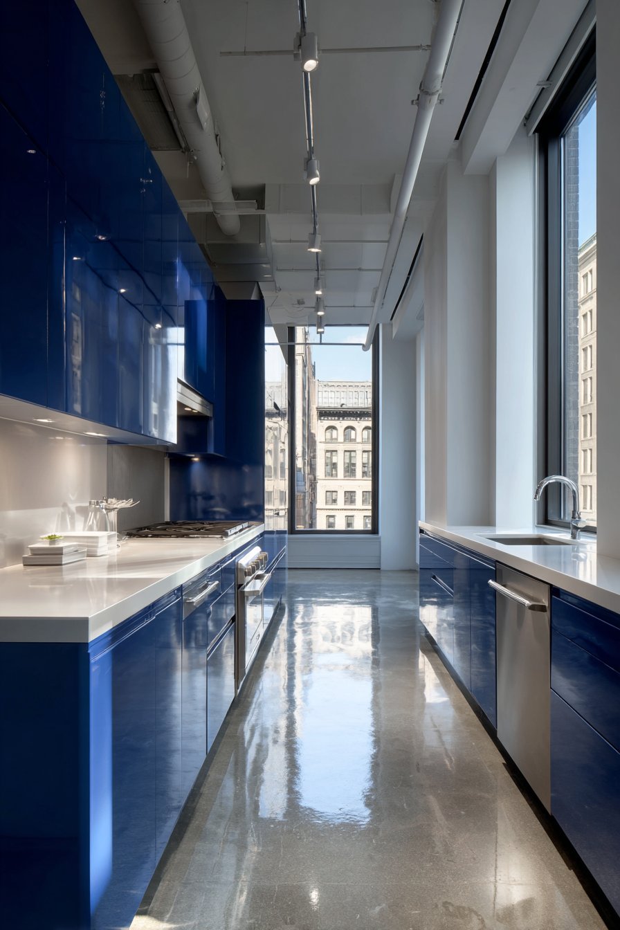 Sleek Cerulean Blue Contemporary Kitchen