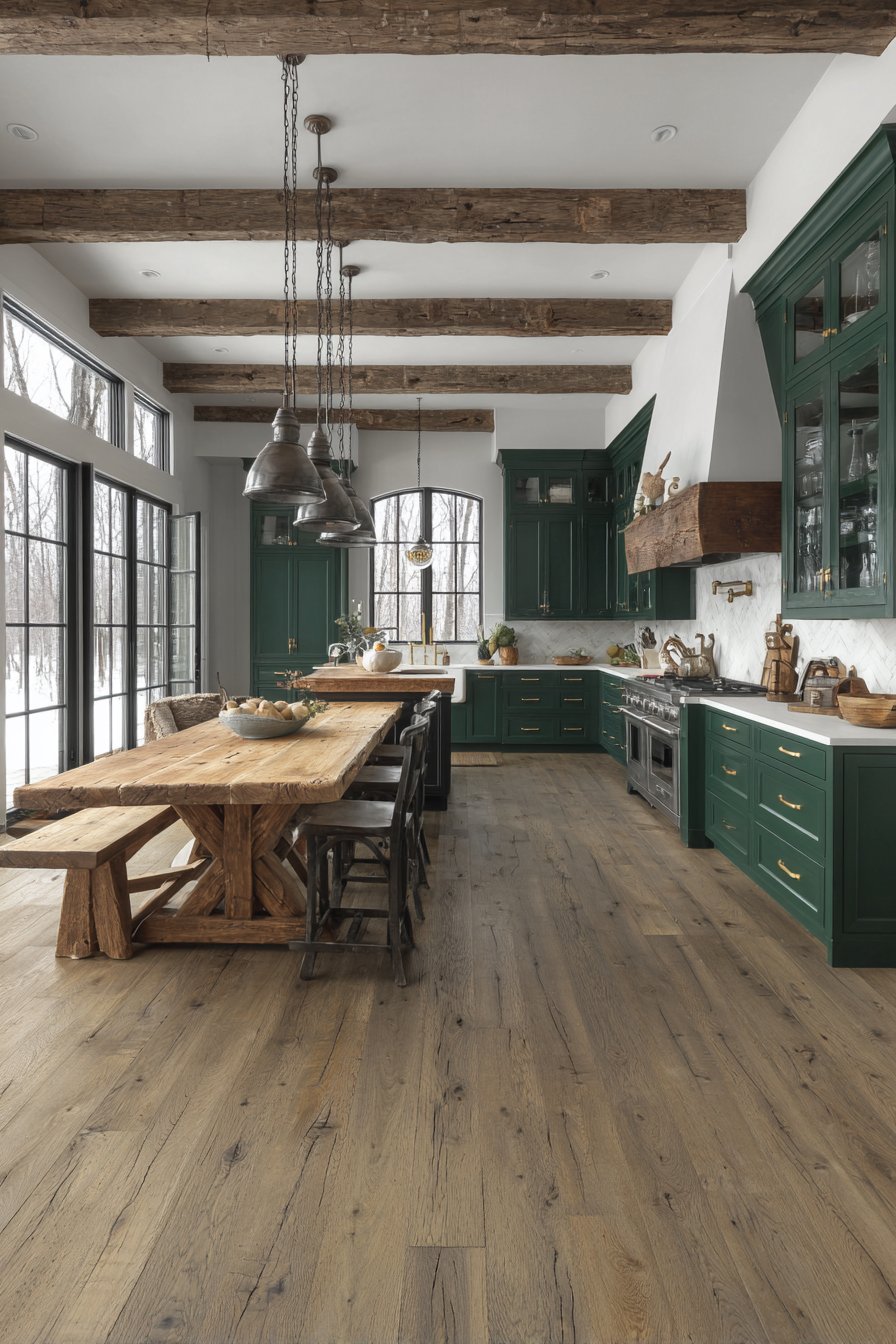 Farmhouse Green with Reclaimed Wood Table Island