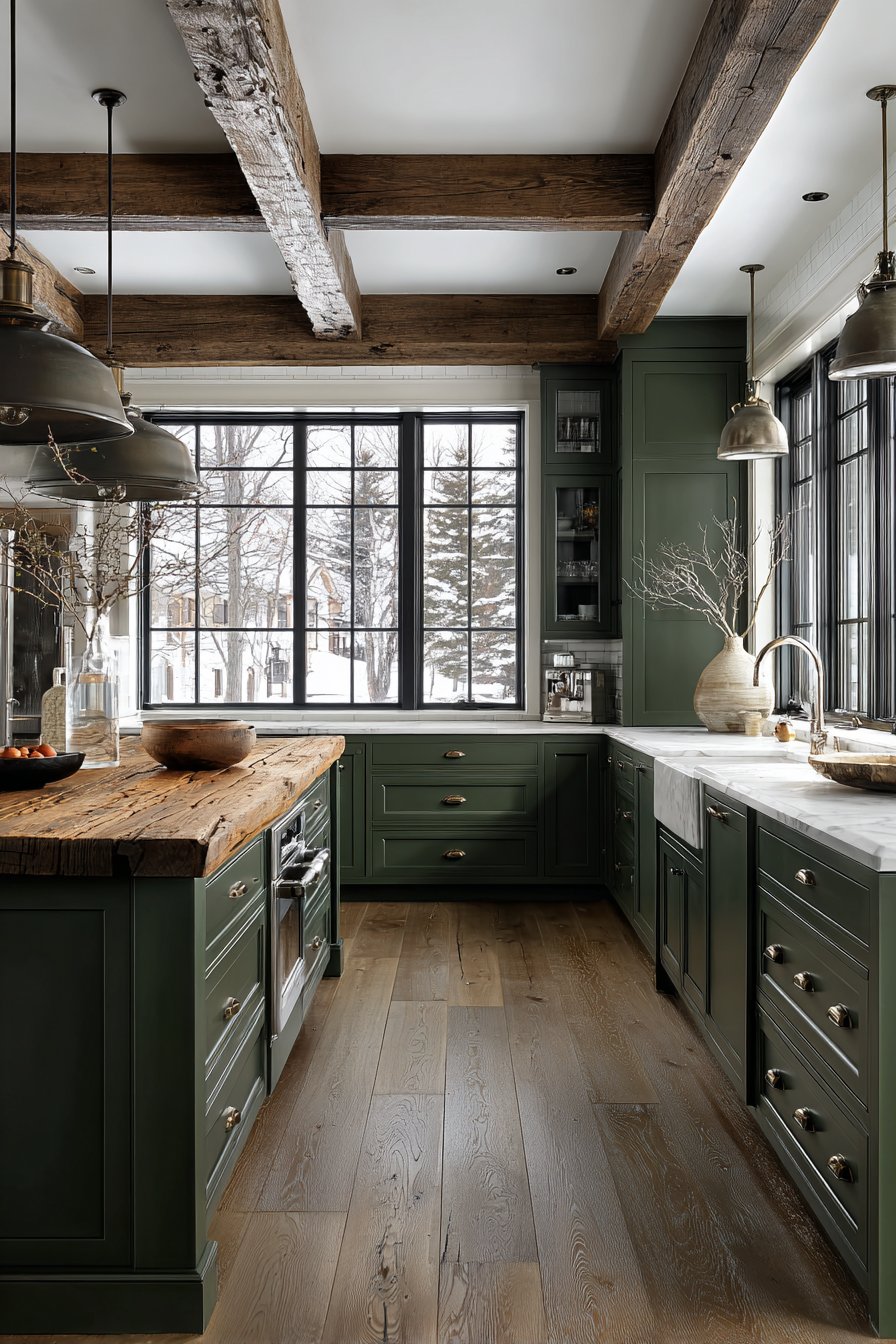 Farmhouse Green with Reclaimed Wood Table Island