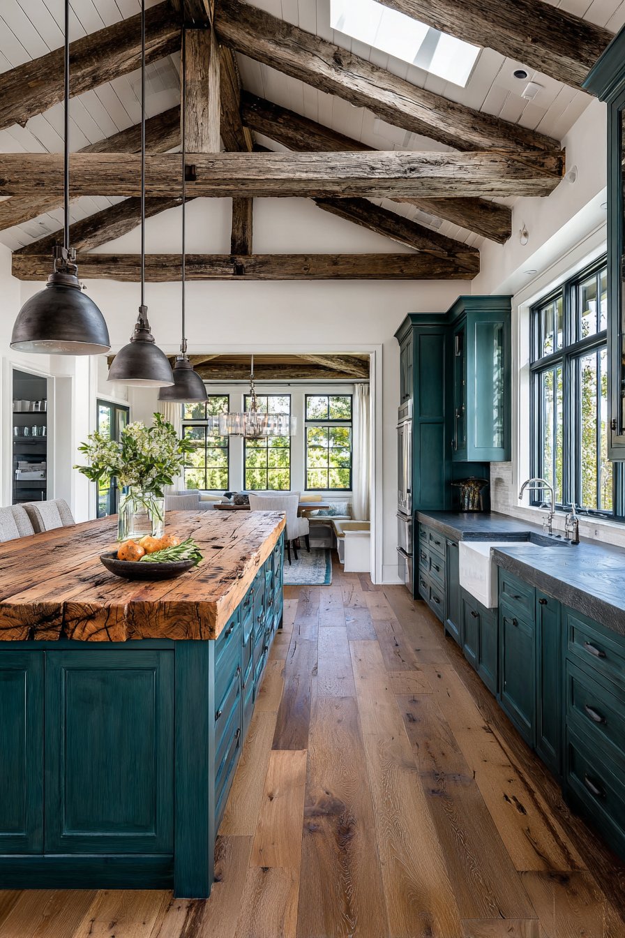Farmhouse Green with Reclaimed Wood Table Island
