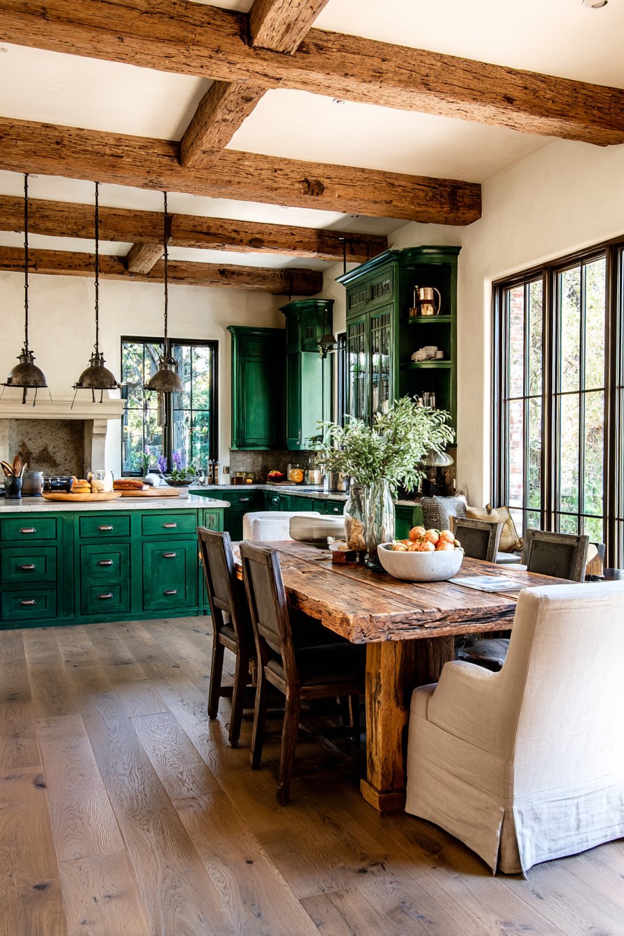Farmhouse Green with Reclaimed Wood Table Island