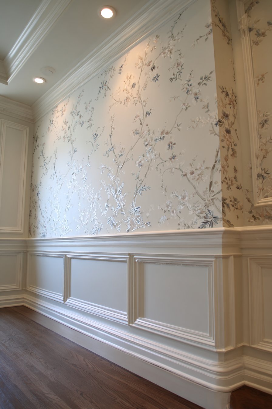 Raised Panel Wainscoting with Metallic Wallpaper