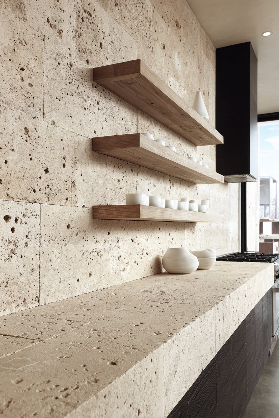 Large-Format Travertine Backsplash Drama