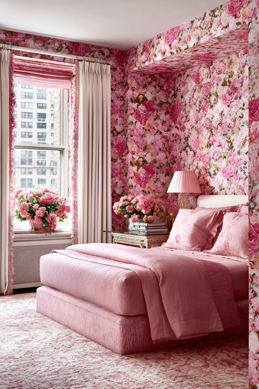 Immersive Pink Floral Garden Wallpaper