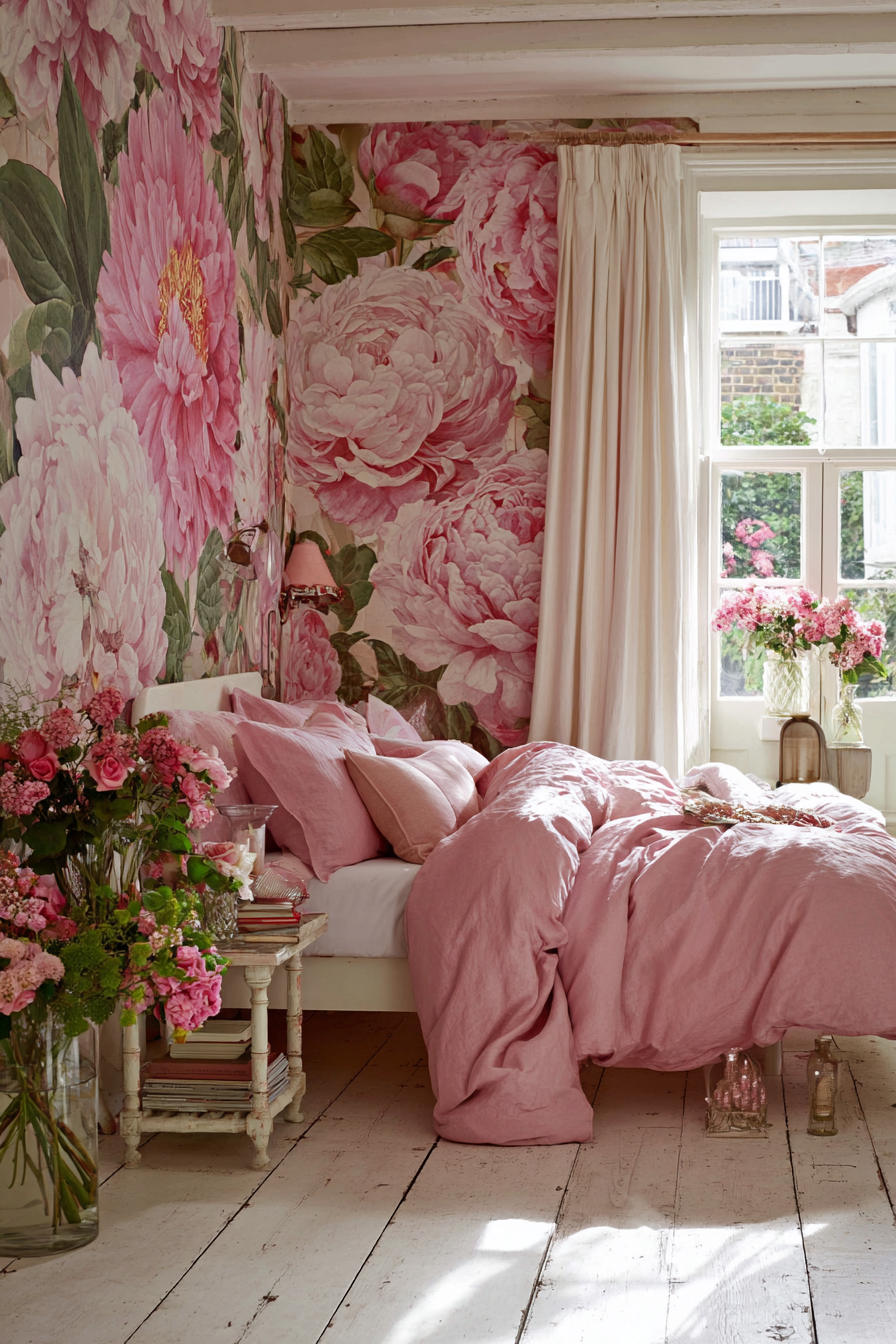 Immersive Pink Floral Garden Wallpaper