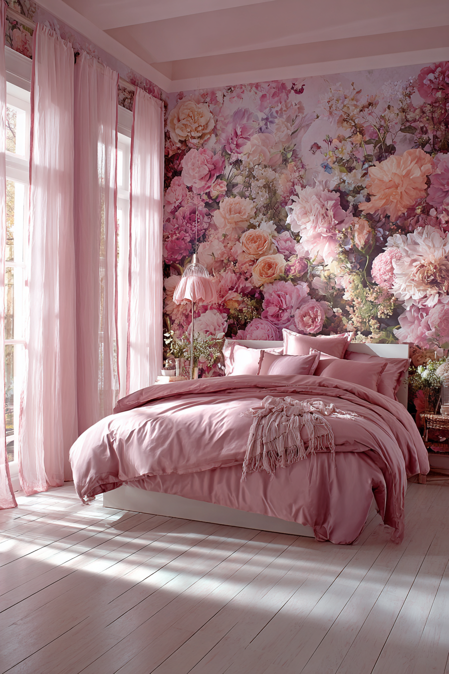 Immersive Pink Floral Garden Wallpaper