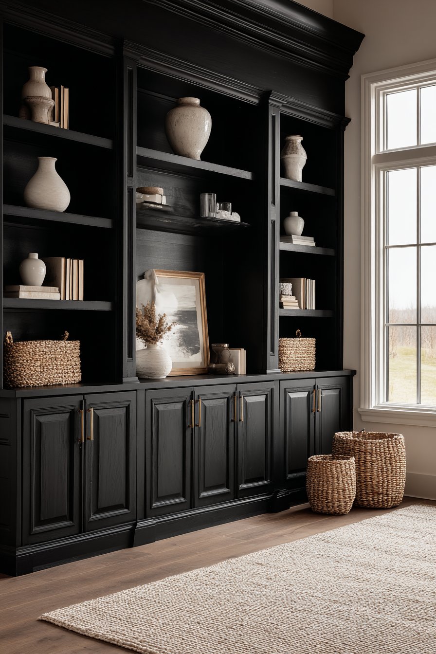 Custom Black Oak Storage with Warm Grey Shelving
