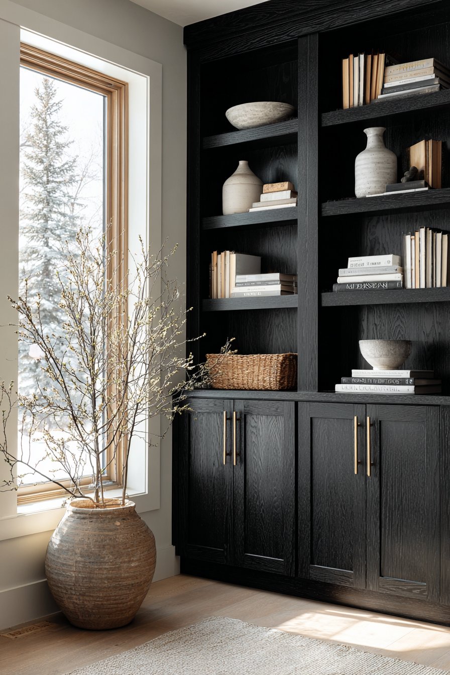 Custom Black Oak Storage with Warm Grey Shelving