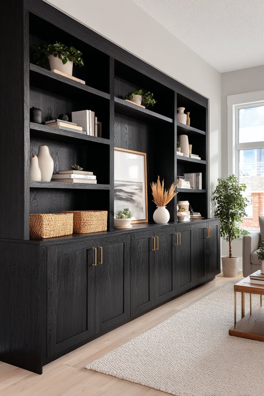 Custom Black Oak Storage with Warm Grey Shelving