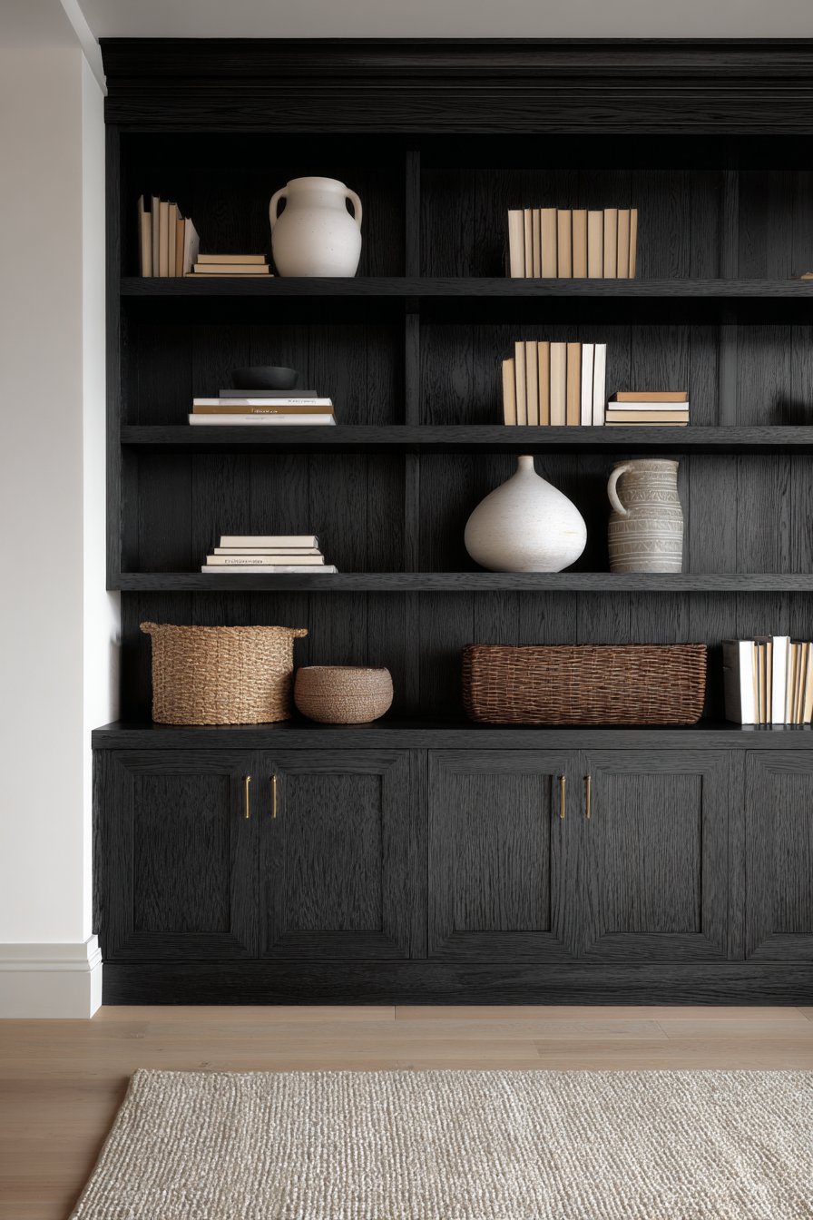 Custom Black Oak Storage with Warm Grey Shelving