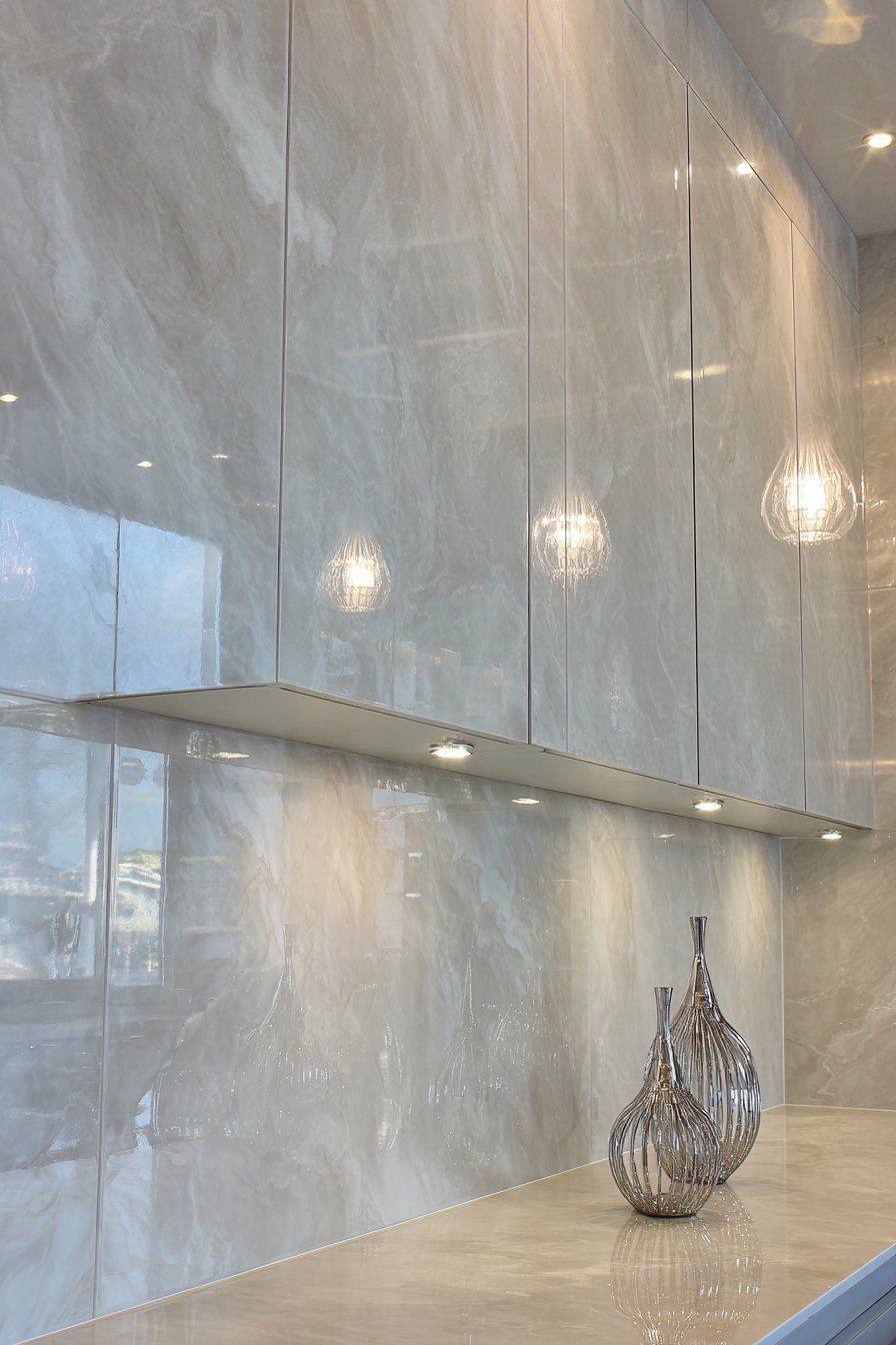 Reflective Grey Backsplash Drama