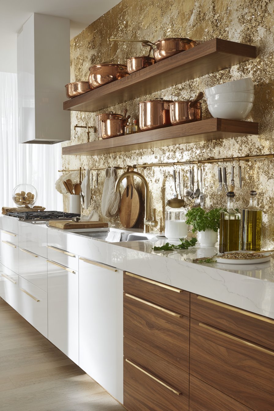 Contemporary Gold Leaf Accent Wall Kitchen
