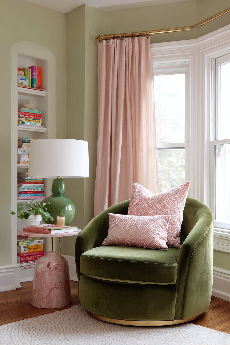 Forest Green Reading Nook with Pink Marble Details