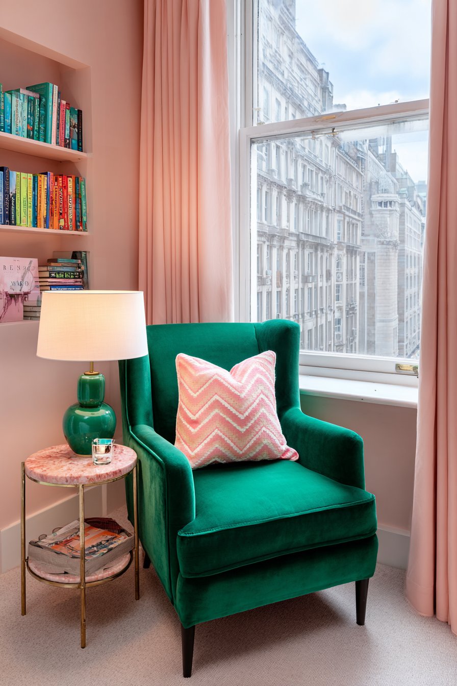 Forest Green Reading Nook with Pink Marble Details