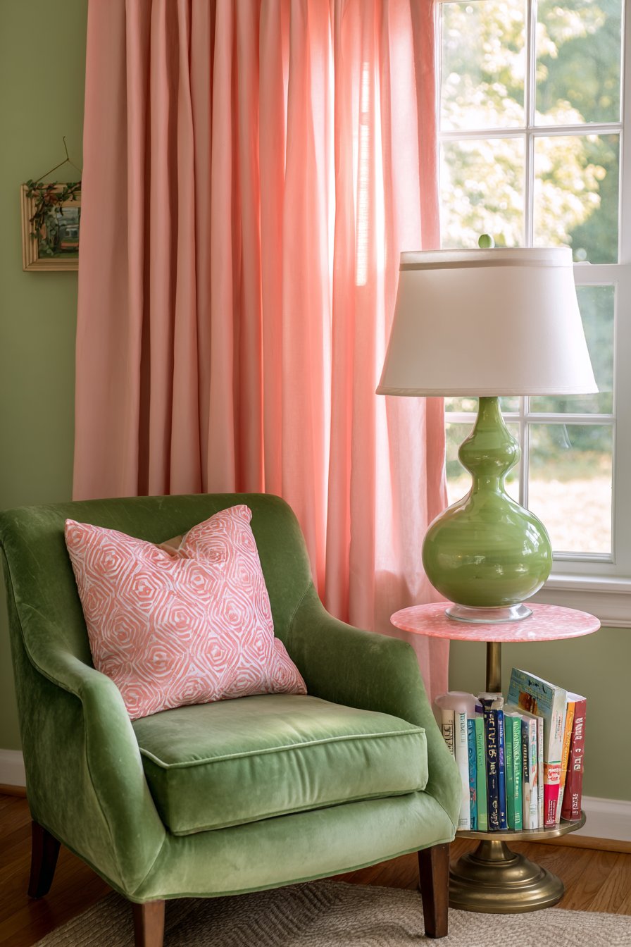 Forest Green Reading Nook with Pink Marble Details