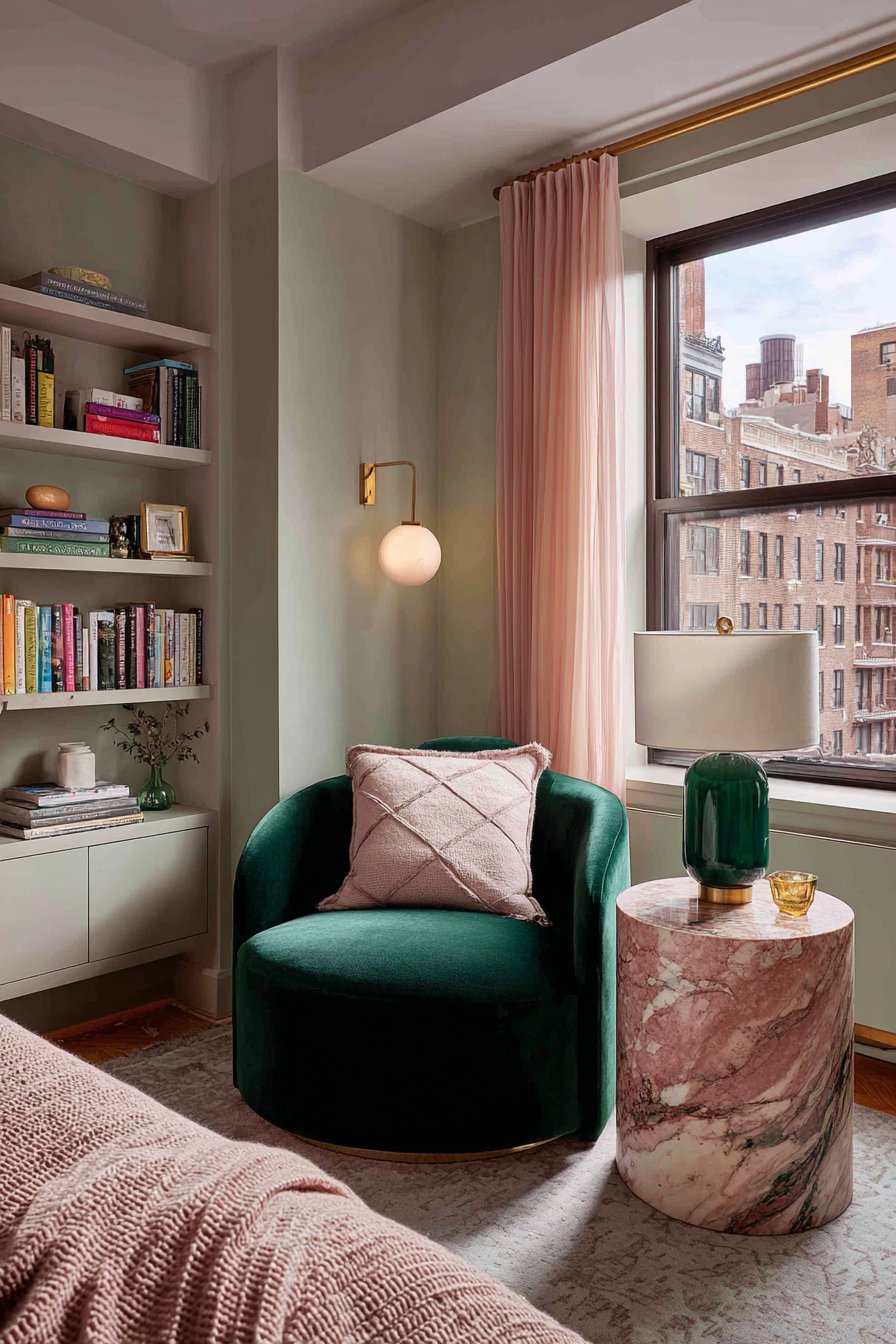 Forest Green Reading Nook with Pink Marble Details