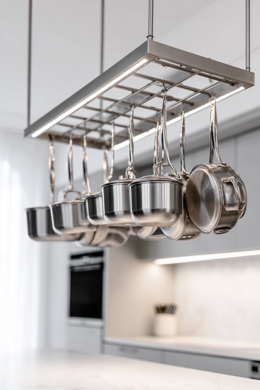 Stainless Steel Pot Rack Above Island
