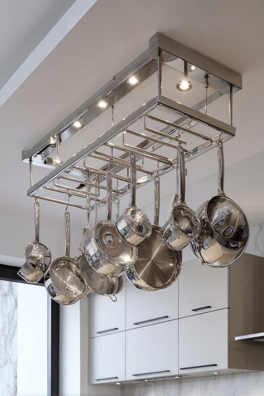 Stainless Steel Pot Rack Above Island