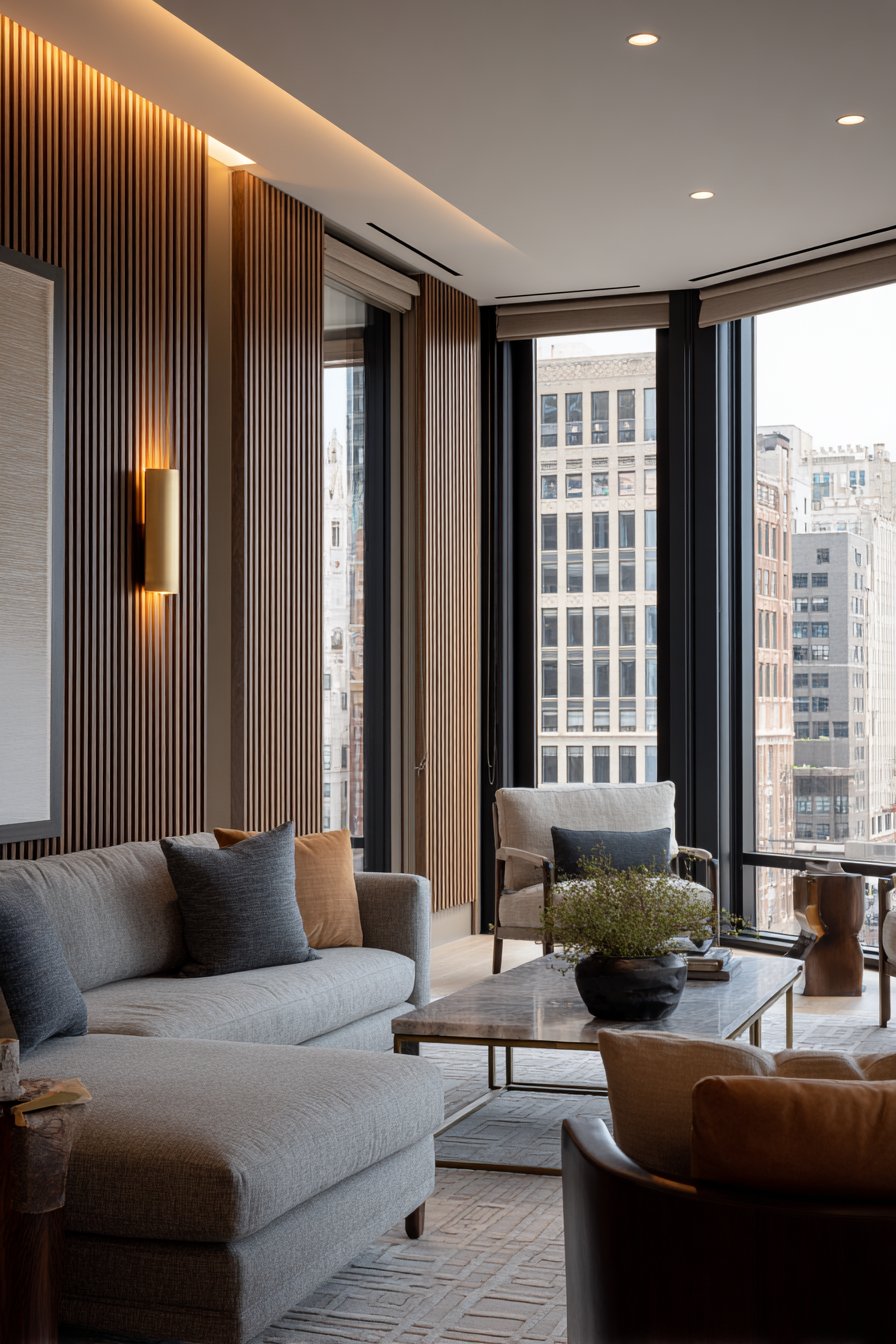 Grey Linen Modularity with Wood Slat Drama