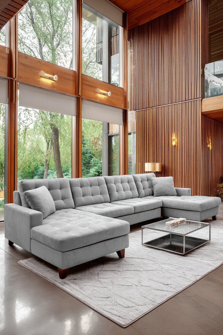 Grey Linen Modularity with Wood Slat Drama