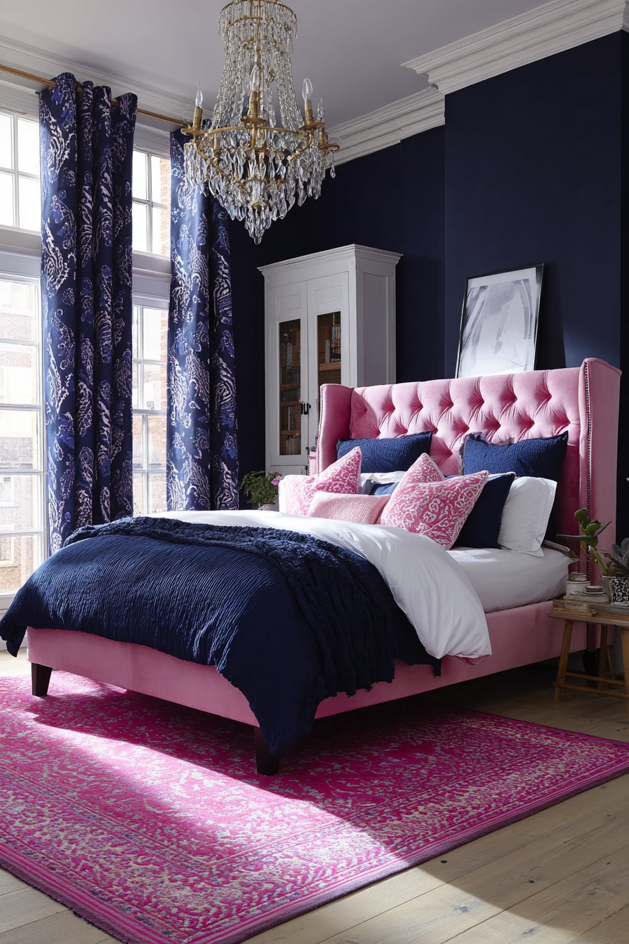 Soft Pink Walls with Navy Tufted Headboard