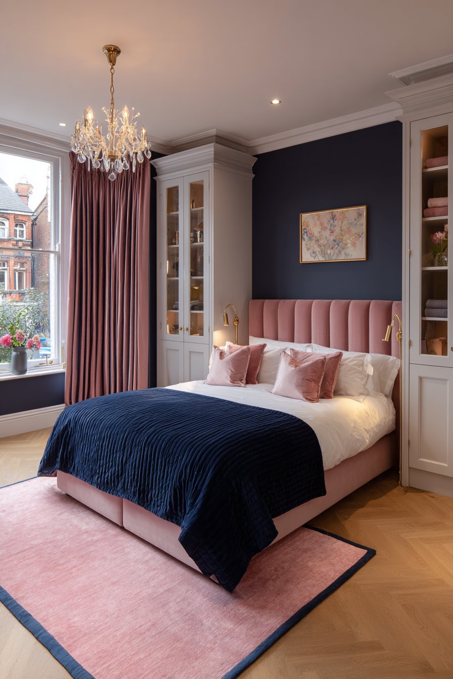 Soft Pink Walls with Navy Tufted Headboard