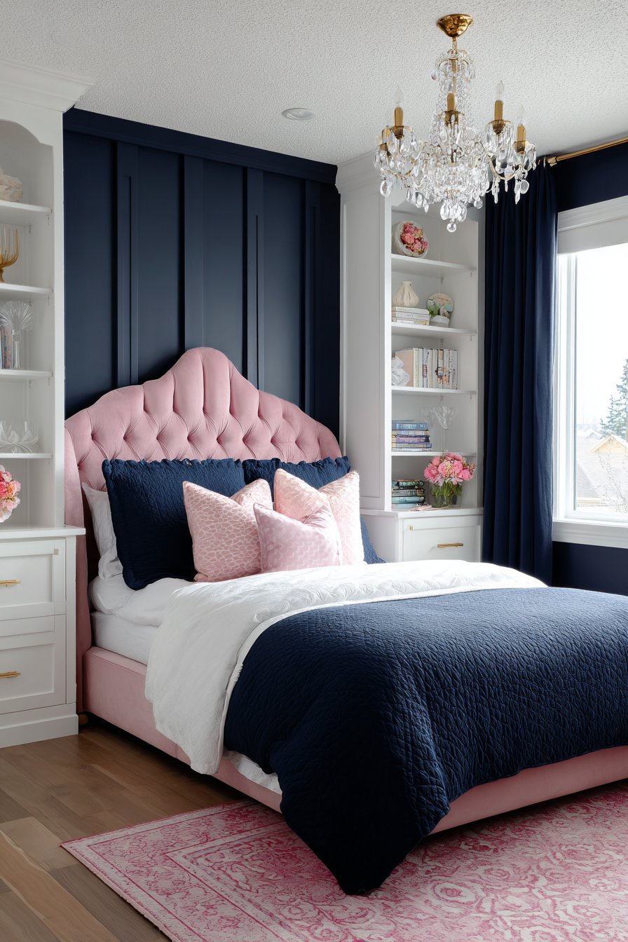 Soft Pink Walls with Navy Tufted Headboard