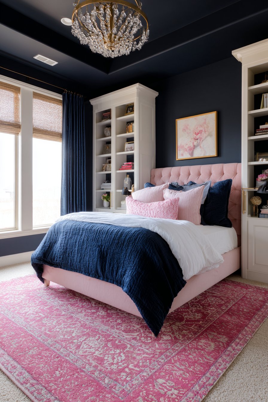 Soft Pink Walls with Navy Tufted Headboard