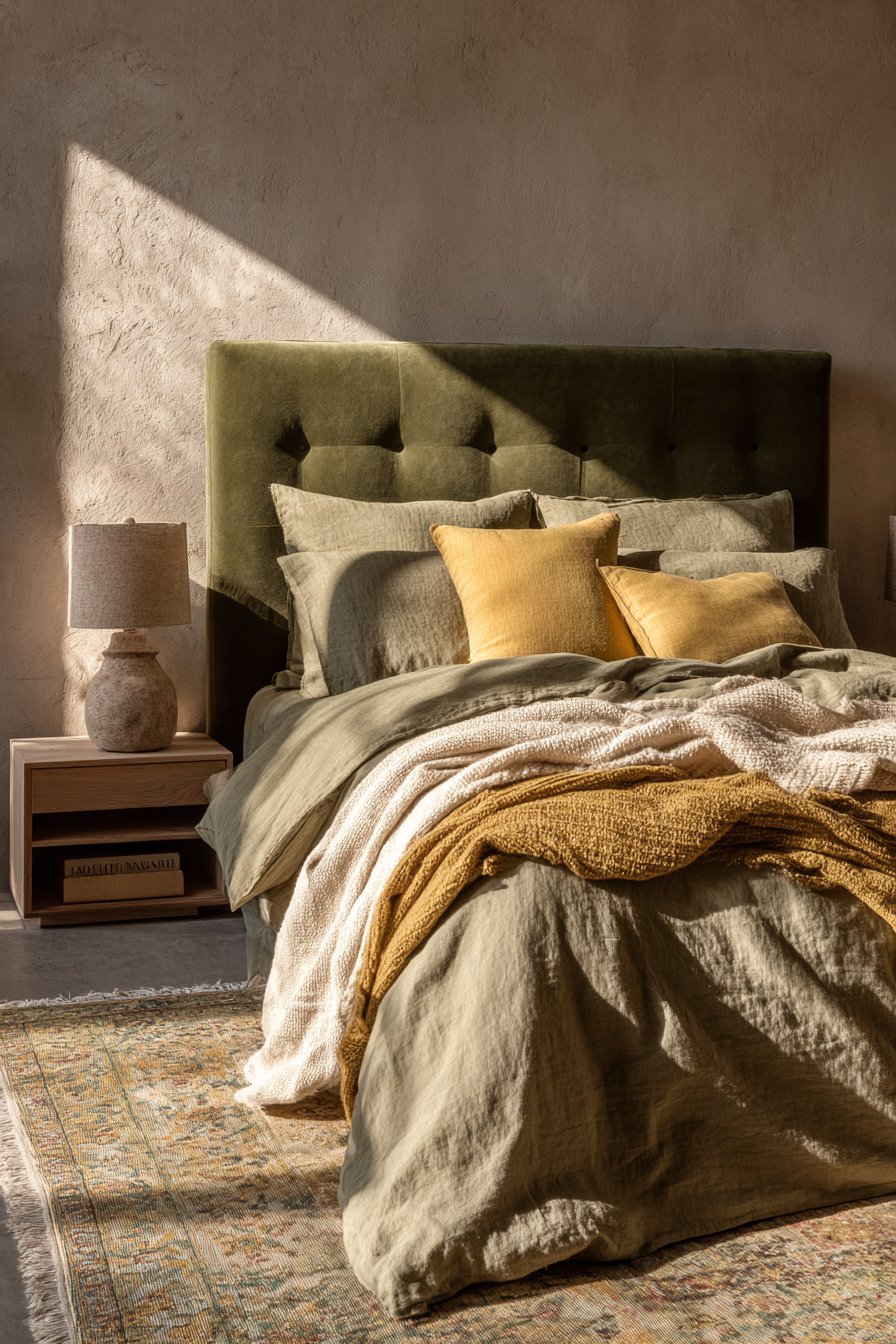 Cozy Bedroom with Layered Olive Textiles