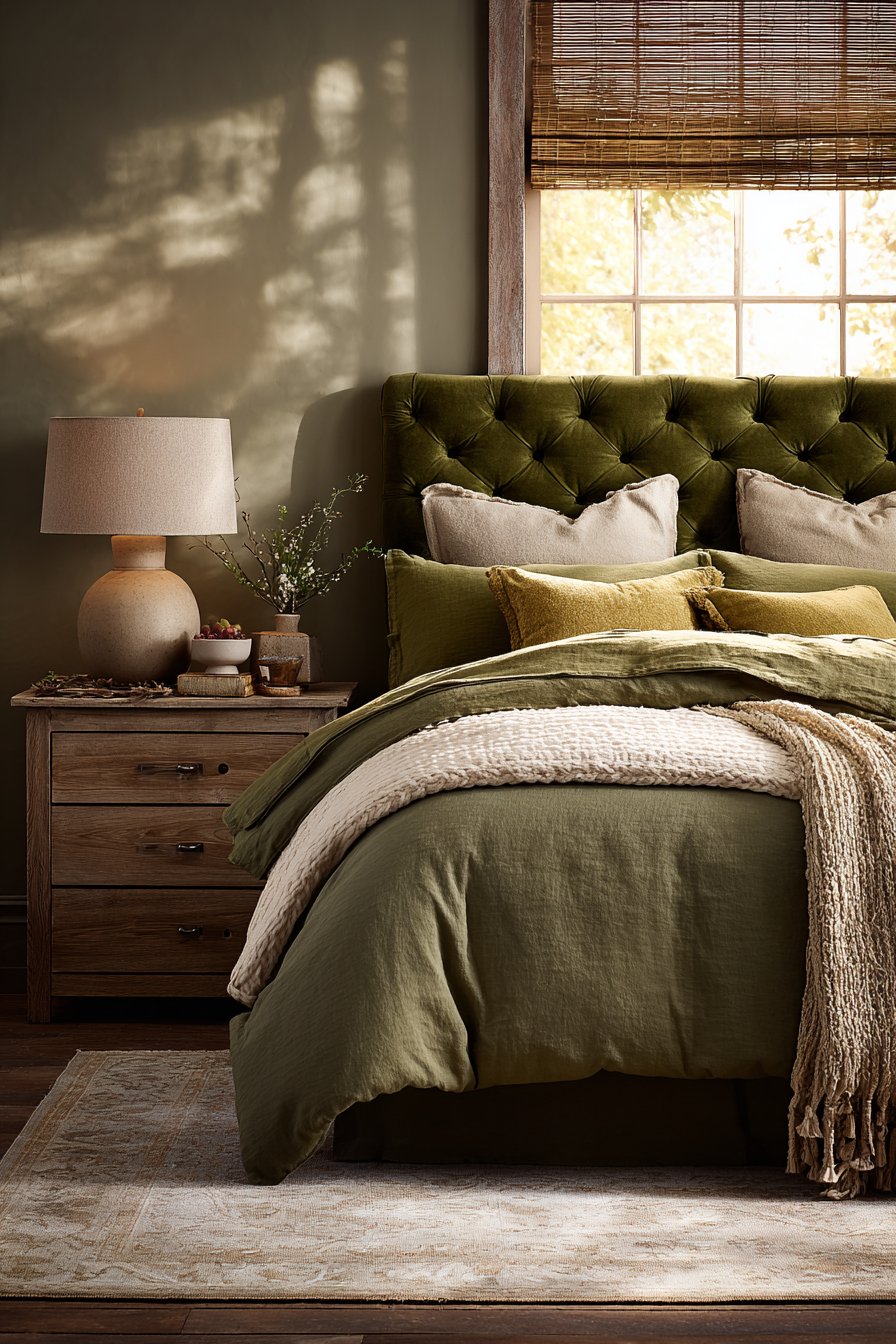 Cozy Bedroom with Layered Olive Textiles