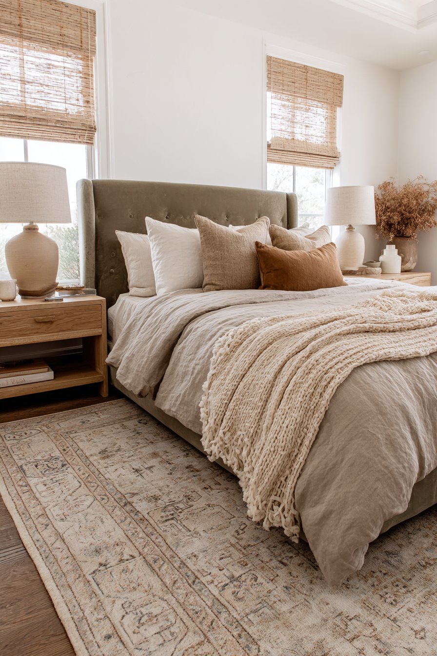 Cozy Bedroom with Layered Olive Textiles