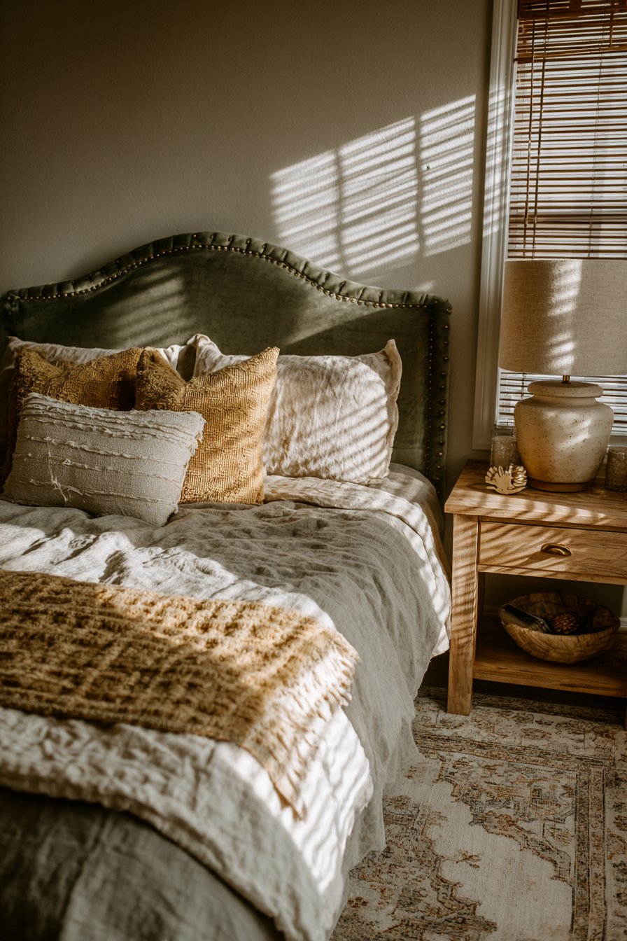 Cozy Bedroom with Layered Olive Textiles