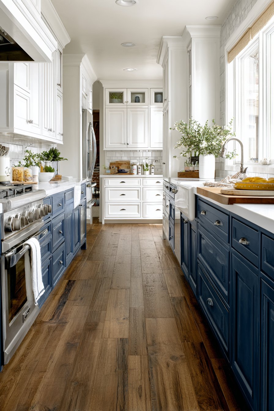 Navy and White Galley Kitchen with Family Room Flow