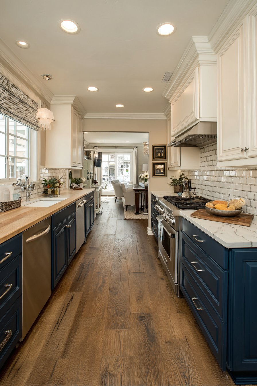 Navy and White Galley Kitchen with Family Room Flow