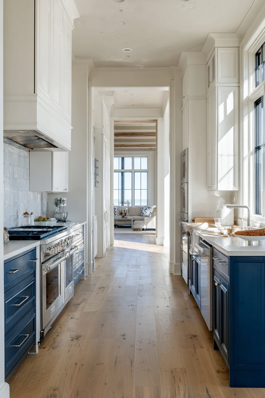 Navy and White Galley Kitchen with Family Room Flow