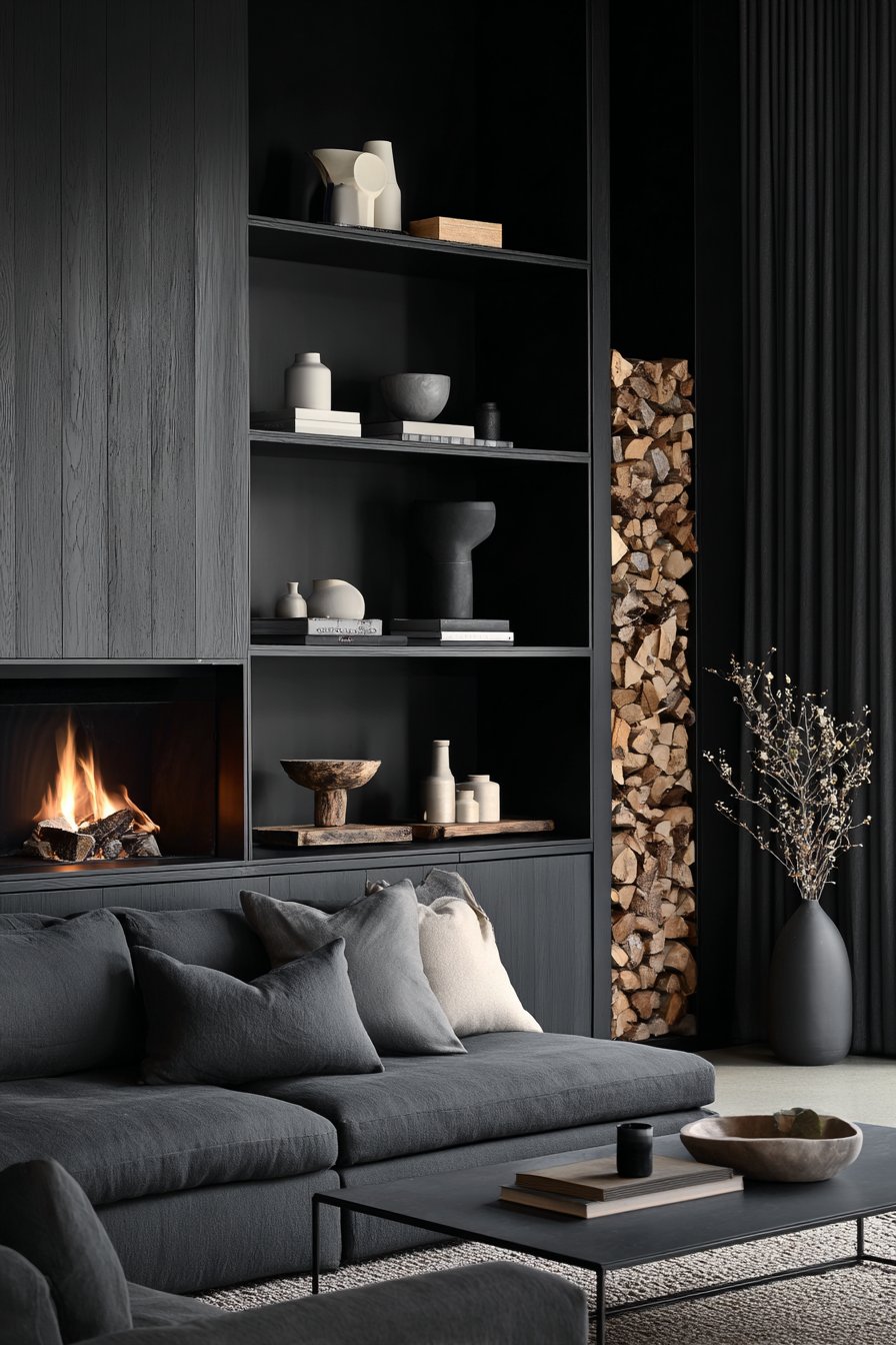 Black Steel Fireplace with Honed Marble Hearth