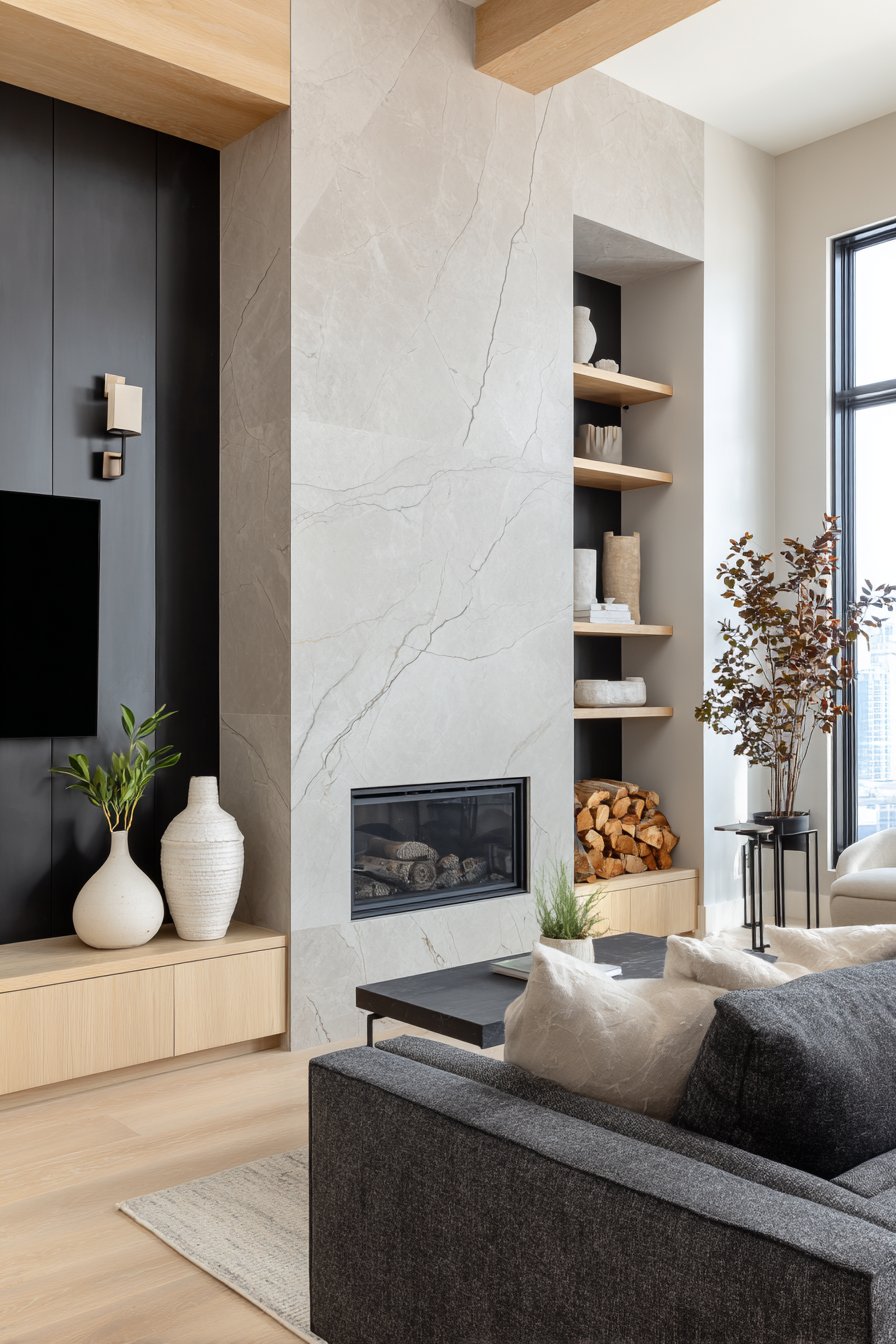 Black Steel Fireplace with Honed Marble Hearth