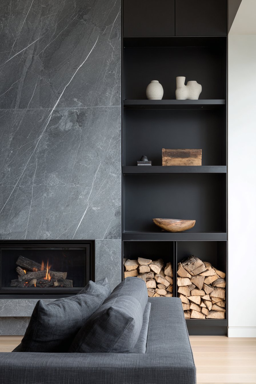 Black Steel Fireplace with Honed Marble Hearth