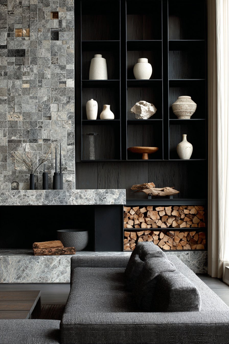 Black Steel Fireplace with Honed Marble Hearth