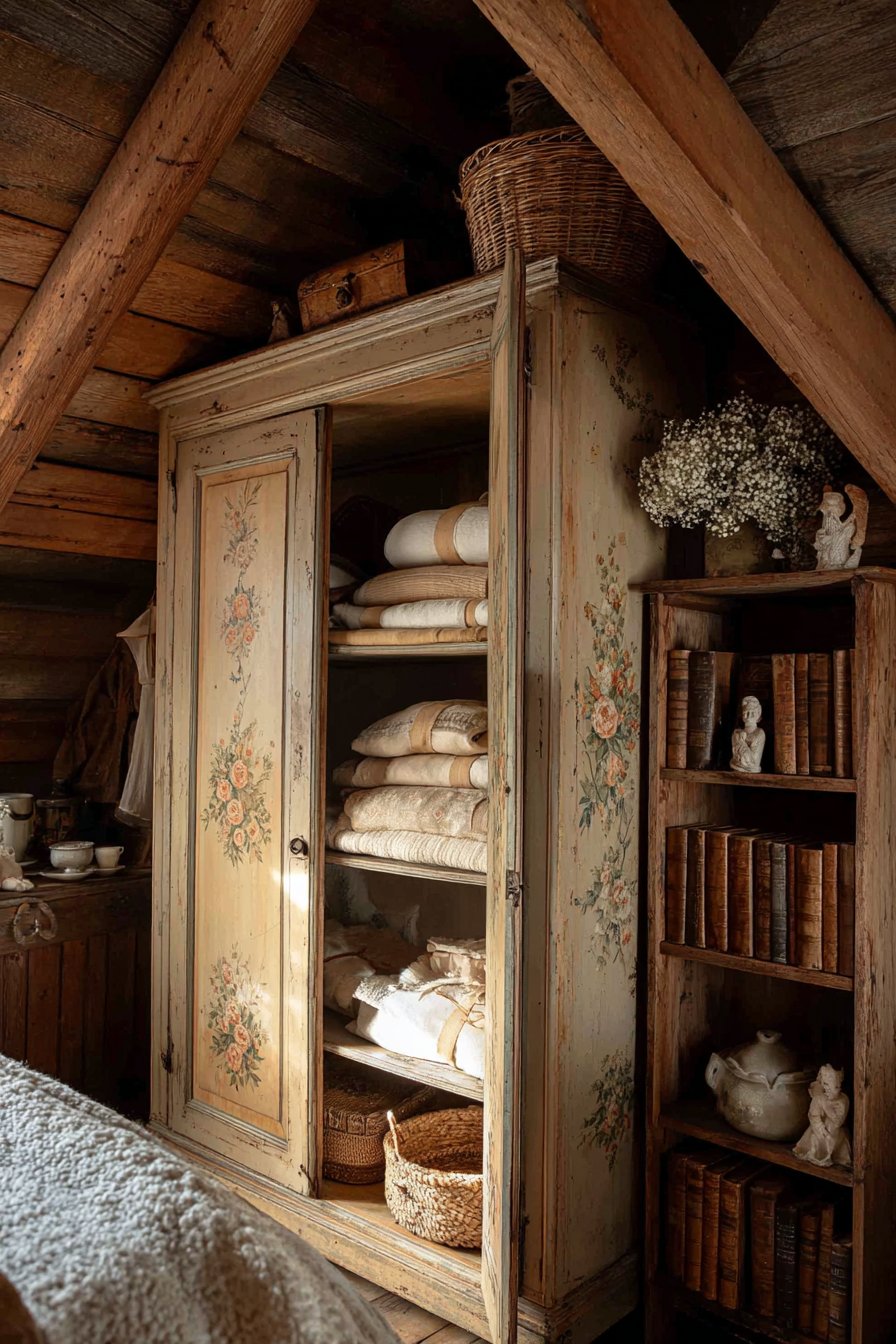 Antique Floral-Painted Armoire Storage