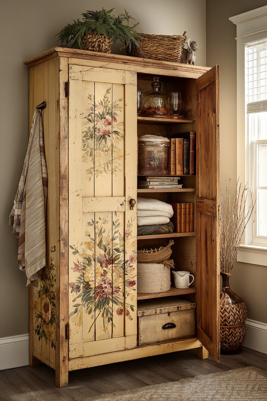 Antique Floral-Painted Armoire Storage