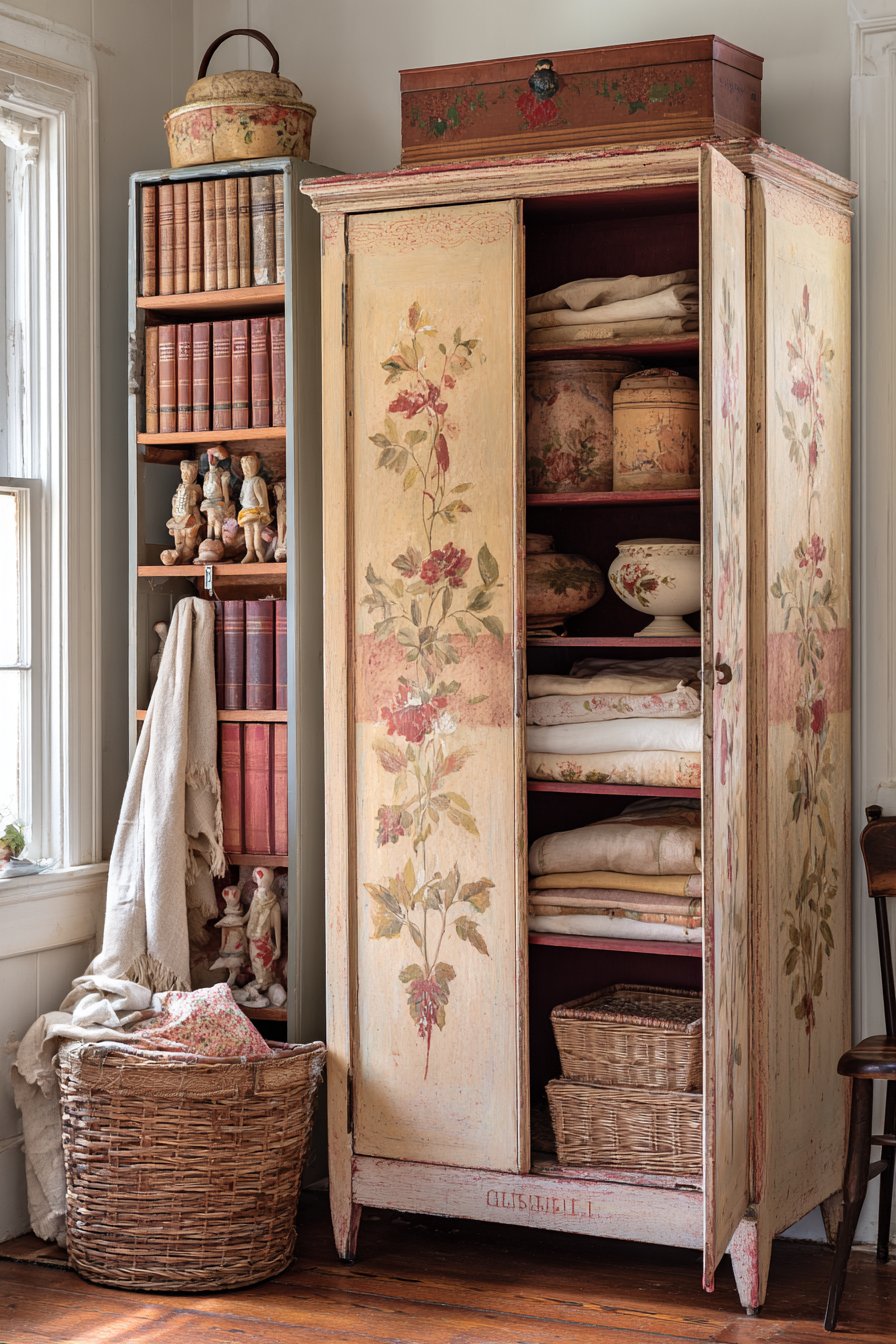 Antique Floral-Painted Armoire Storage