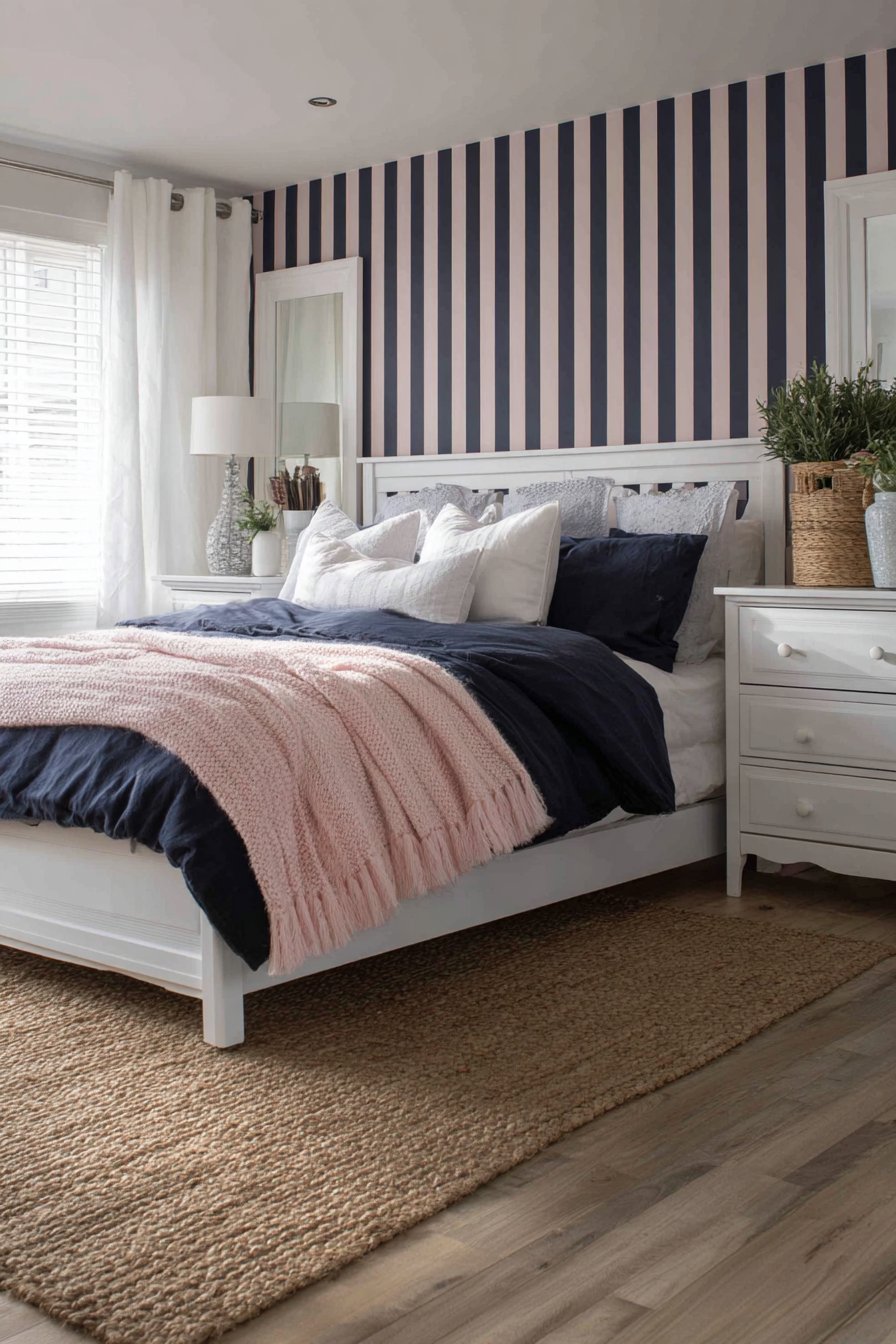 Navy Striped Rug Anchoring Pink Bedroom