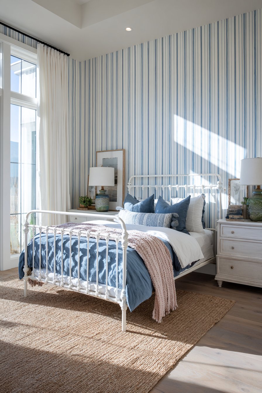 Navy Striped Rug Anchoring Pink Bedroom