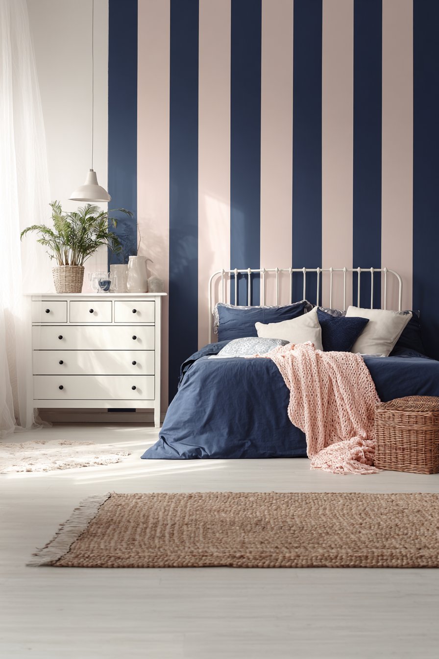 Navy Striped Rug Anchoring Pink Bedroom