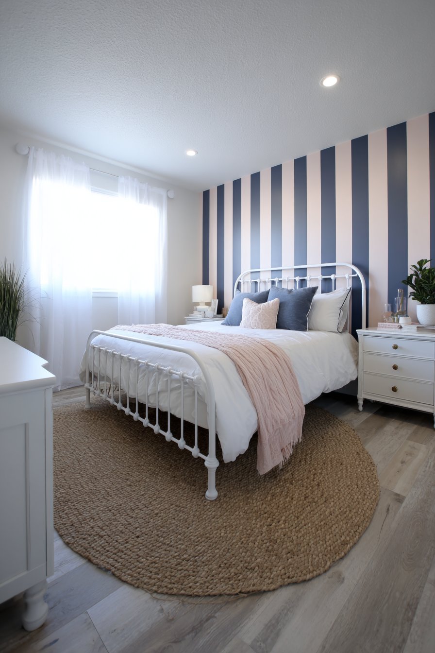 Navy Striped Rug Anchoring Pink Bedroom