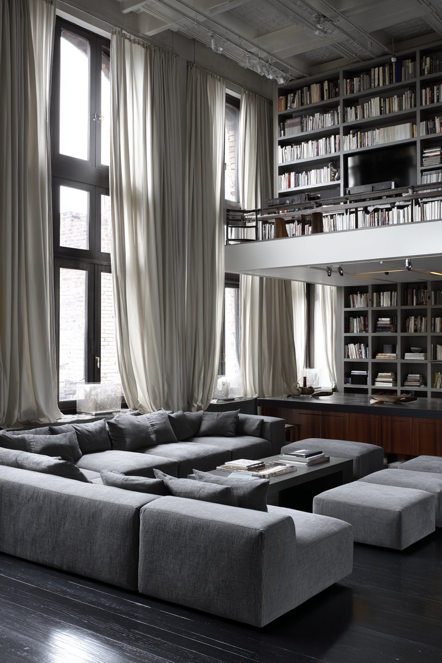 Contemporary Mezzanine with Built-In Bookshelves