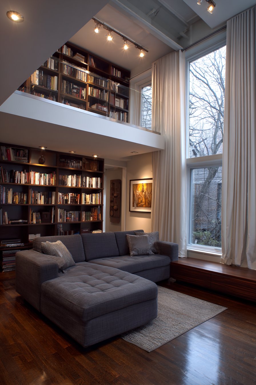 Contemporary Mezzanine with Built-In Bookshelves